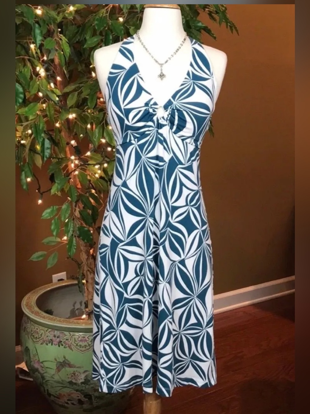 #227-‎ Tommy Bahama Teal and White Strapless Halter Dress